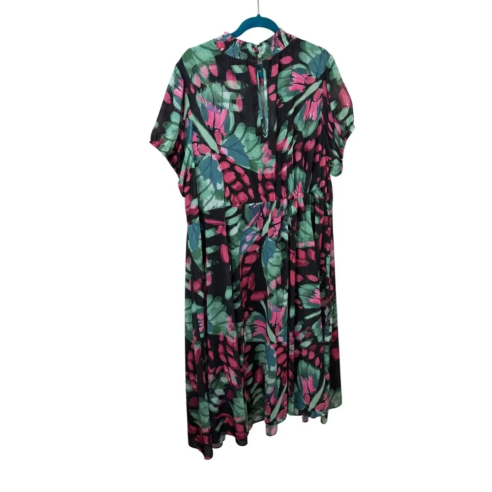 Torrid Womens Plus‎ Size 3 Tropical Floral Chiffon Smocked Midi Dress Black Pink